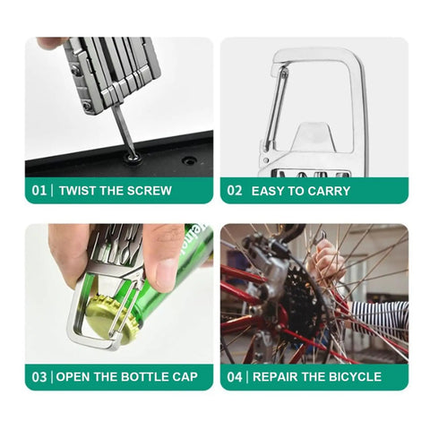 13 In 1 Stainless Steel Multi Tool For Camping And Hiking showing screwdriver, bottle opener, hex driver, and bicycle repair use