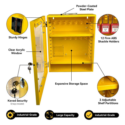 All In One Lockout Tagout Cabinet Kit With 138 Piece LOTO Set For Industrial Safety Includes Padlocks Hasps Tags Circuit Breaker Locks Cable Locks Plugs And A Heavy Duty Storage Station; yellow lockout cabinet open with shelves.