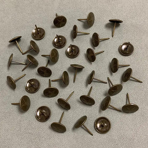 Hardcore Upholstery Tacks And Furniture Nails 100 Pack Heavy Duty Decorative Hardware showing 16mm antique brass tacks.
