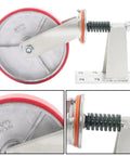 Kickass 8 Inch Heavy Duty Gate Caster Wheel Providing A Sweet 800 Pound Load Capacity For Ultra Smooth Door Rolling And Anti Sag Stability Made For Zero Fuss Installation side view with red wheel and metal support.