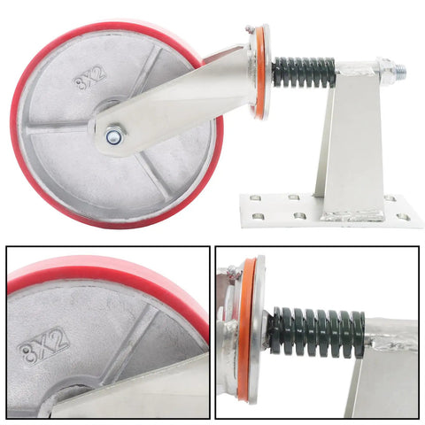 Kickass 8 Inch Heavy Duty Gate Caster Wheel Providing A Sweet 800 Pound Load Capacity For Ultra Smooth Door Rolling And Anti Sag Stability Made For Zero Fuss Installation side view with red wheel and metal support.