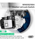 2X Washing Machine Door Lock Switch Assembly For Front Load And Top Load Machines, Includes WH01X27954 290D1580P004, Compatible With Most Major Brands, Safe Lock During Wash And Auto Unlock After Drain, Super Easy Install Replacement Part. Washer lid lock switch shown with front-load drum.