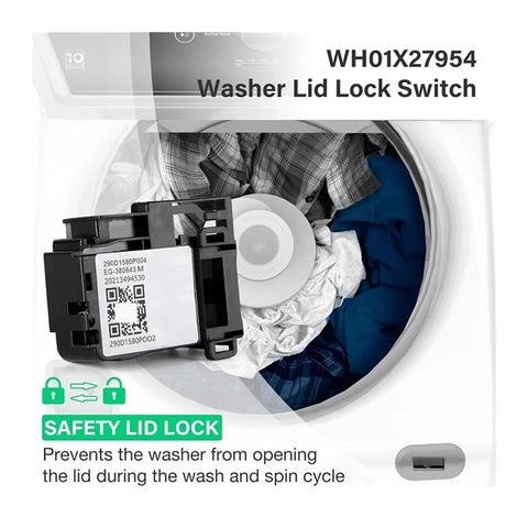 2X Washing Machine Door Lock Switch Assembly For Front Load And Top Load Machines, Includes WH01X27954 290D1580P004, Compatible With Most Major Brands, Safe Lock During Wash And Auto Unlock After Drain, Super Easy Install Replacement Part. Washer lid lock switch shown with front-load drum.