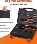 Nine Piece Ratcheting Crimping Tool Set With Seven Interchangeable Dies And Wire Stripper in open tool case
