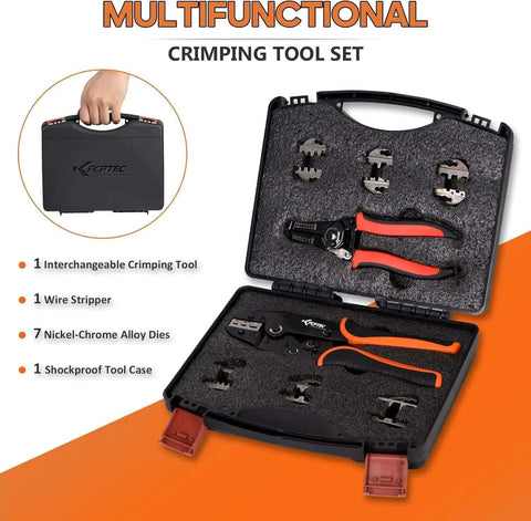 Nine Piece Ratcheting Crimping Tool Set With Seven Interchangeable Dies And Wire Stripper in open tool case