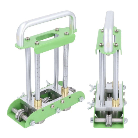2 Station Roller Bender For 0 To 90 Degree Bends No Sweat Easy To Use Portable Manual Roof Sheet Metal Bender Heavy Duty Folding Tool For Half Inch To Five Inch Heights Works On Steel Aluminum Copper Roofing Materials, green metal bender front and side view