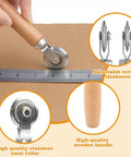 Close-up of Pro Grade Dual Size Box Resizer Tool Set with 0.5mm and 1.2mm CAMs scoring cardboard, featuring wooden handle and steel roller.