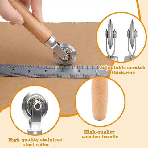 Close-up of Pro Grade Dual Size Box Resizer Tool Set with 0.5mm and 1.2mm CAMs scoring cardboard, featuring wooden handle and steel roller.