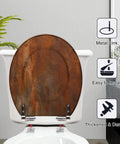 Round rusty metal Toilet Seat with a soft-close hinge, mounted on a toilet, featuring a textured finish and easy installation.