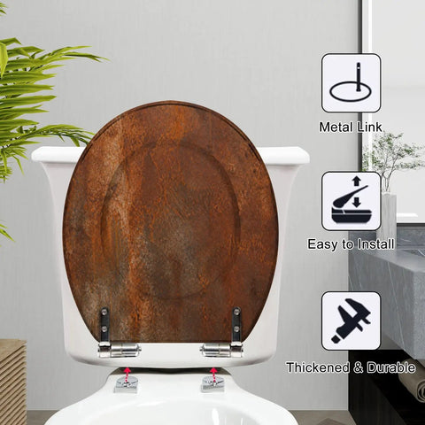 Round rusty metal Toilet Seat with a soft-close hinge, mounted on a toilet, featuring a textured finish and easy installation.