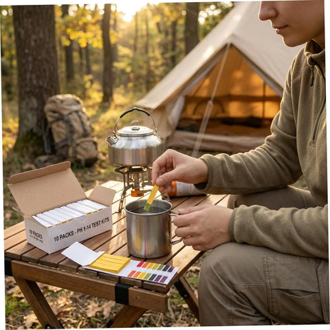 Person using All Purpose Litmus Paper 1-14 Acid Test Strips Kit, Ten Pack For Wet Soap, Lemon Juice, Milk, Detergent, Wet Soil, Saliva, Sweat, And Aquarium Water Testing, Great For At Home Lab Use on a camping table.