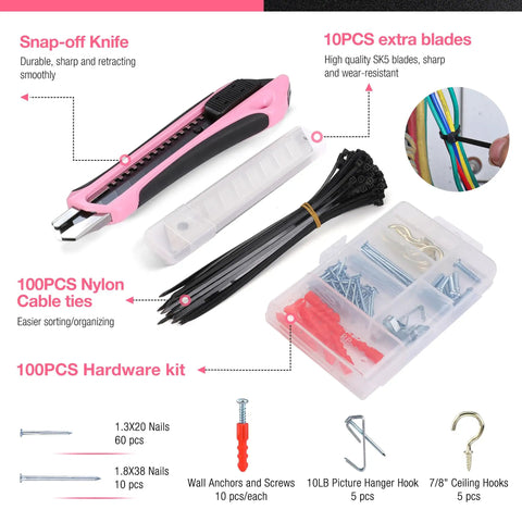 Pink 277 Piece Home Repair Kit With Wide Mouth 13 Inch Tool Bag Hammer Screwdrivers Pliers Wrenches And Essential Diy Household Tools For Quick Pro Grade Home Fixes. Features knife and assorted hardware.