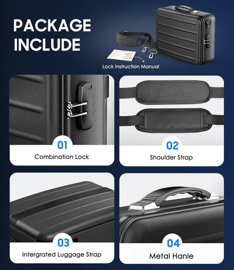 Package includes Hard Shell Fireproof Document Box With Lock For Home And Travel, Waterproof Safe detailing lock, strap, handle.