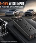 Heavy Duty 400W Car Power Inverter 12V DC To 110V AC For Tesla And EVs Straight Plug In Accessory Adaptor on a leather car seat.