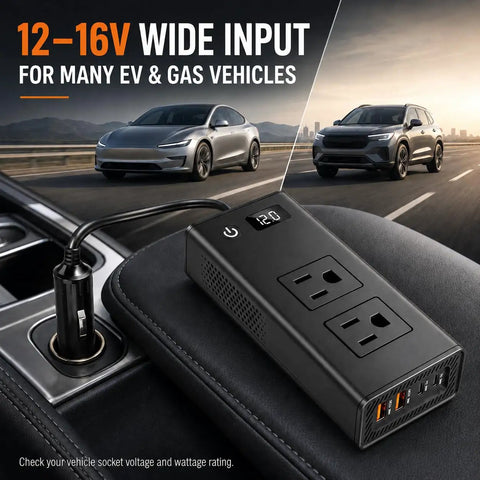 Heavy Duty 400W Car Power Inverter 12V DC To 110V AC For Tesla And EVs Straight Plug In Accessory Adaptor on a leather car seat.