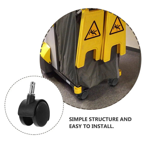 8 Pack Tough Nylon Stem Swivel Casters 1.5 Inch Zero Scratch Twin Wheels on a utility cart with a warning sign.