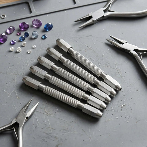Top Shelf 6 Piece Double Ended Pin Vise Kit For Jewelry Making And Wire Twisting features six silver mini hand drills for precise crafting.