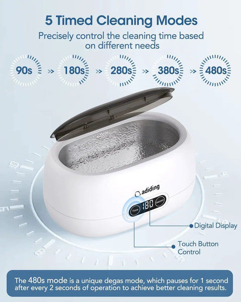Ultrasonic Cleaning Machine 650mL Ring Cleaner with digital timer and SUS304 stainless steel tank, showing 5 cleaning modes