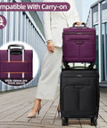 Person with purple underseat carry on luggage that fits under airline seats with spinner wheels, 16 inch softside roller bag