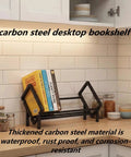 Kitchen with Handy Sturdy Carbon Steel Cookbook Stand For Kitchen Countertop Organizer And Recipe Book Holder on counter