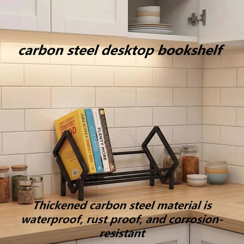 Kitchen with Handy Sturdy Carbon Steel Cookbook Stand For Kitchen Countertop Organizer And Recipe Book Holder on counter