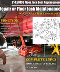 Floor Jack Seal Replacement Kit with O Ring for 3 Ton and 3 and a Half Ton Hydraulic Jacks Compatible with Sears Craftsman MVP and G 493LWM Rebuild Kit includes all seals for complete hydraulic system rehab, showing repair diagram and jack under vehicle.