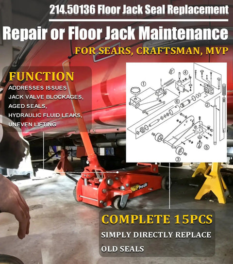 Floor Jack Seal Replacement Kit with O Ring for 3 Ton and 3 and a Half Ton Hydraulic Jacks Compatible with Sears Craftsman MVP and G 493LWM Rebuild Kit includes all seals for complete hydraulic system rehab, showing repair diagram and jack under vehicle.
