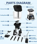 Parts diagram of No Sweat Solar Automatic Fish Feeder for Outdoor Pond and Aquarium showing each component and measurements.