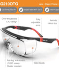 Badass Over Eyeglasses Safety Glasses Featuring Dual Side Antifog Lens And Scratch Proof Coating With UV Protection Z87.1 Rated Impact Resistant Shield For Tradesmen Builders And DIY Pros 6 Pack with clear lenses and red frame, adjustable arms.