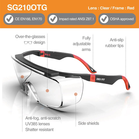 Badass Over Eyeglasses Safety Glasses Featuring Dual Side Antifog Lens And Scratch Proof Coating With UV Protection Z87.1 Rated Impact Resistant Shield For Tradesmen Builders And DIY Pros 6 Pack with clear lenses and red frame, adjustable arms.