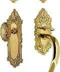 Victorian S Grip Front Door Handle and Deadbolt Set in brass, showcasing vintage hardware with classic old world charm.