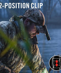 Hunter wearing camo gear using PX200R 2000 Lumen Rechargeable LED Flashlight With Twist Focus USB C Two Position Pocket Clip outdoors