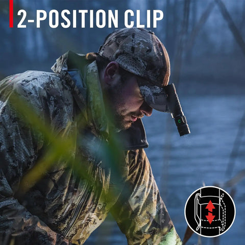 Hunter wearing camo gear using PX200R 2000 Lumen Rechargeable LED Flashlight With Twist Focus USB C Two Position Pocket Clip outdoors