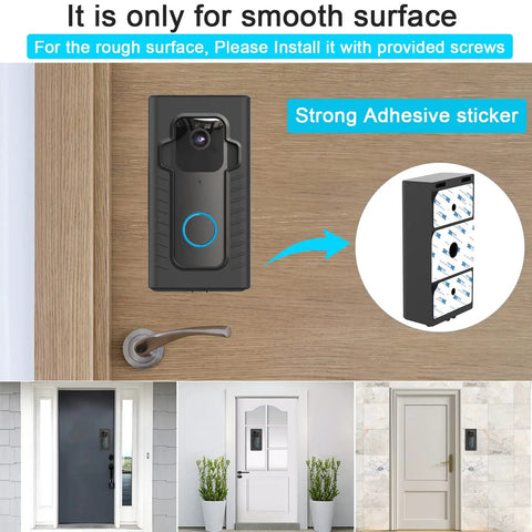 Adhesive Door Mount for Blink Video Doorbell No Drill Mounting Bracket With 360 Degree Coverage Protection Hidden Security Screw Keeps Your Doorbell Safe and Secure Works With Blink and Other Compatible Models shown installed on a door.