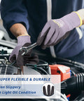 LOCCEF work gloves, purple-gray knit with microfoam nitrile coating and dotted palm grip for automotive repair
