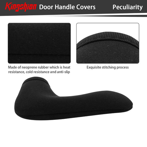 4 Pack Tough Neoprene Door Handle Covers Rock Solid Weatherproof Shield showing black rubber material and stitching detail.