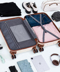 Cosbarn 5-piece ABS hard-shell luggage set with spinner wheels; two tan suitcases open to show clothing