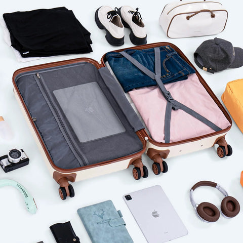Cosbarn 5-piece ABS hard-shell luggage set with spinner wheels; two tan suitcases open to show clothing