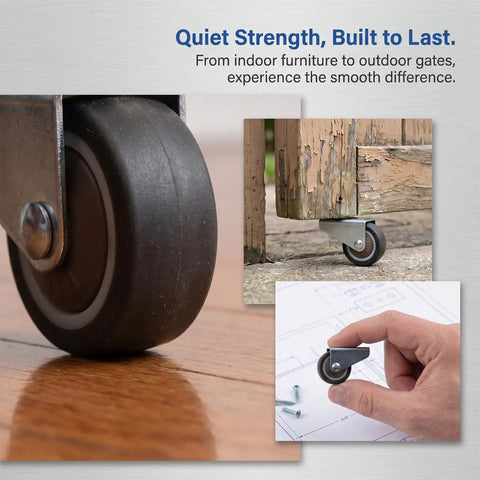Low Profile Side Mount Caster Wheels Kit, 2 Brown Rolling Casters With 4 Screws showcased on wood floor and gate