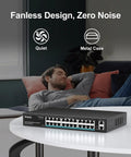 26-Port Gigabit PoE Switch With 24 PoE Ports And 2 Uplink Ports, Unmanaged Ethernet Switch With 320W Power, fanless design on table