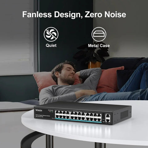 26-Port Gigabit PoE Switch With 24 PoE Ports And 2 Uplink Ports, Unmanaged Ethernet Switch With 320W Power, fanless design on table