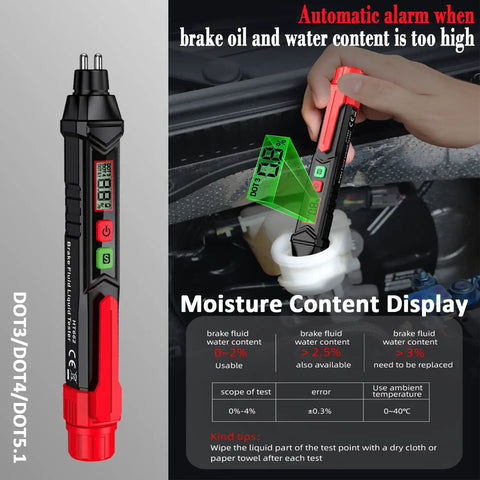 DIY Friendly Brake Fluid Moisture Tester Pen For DOT3 DOT4 DOT5.1, black and red pen-style tester with display, shown measuring brake fluid moisture