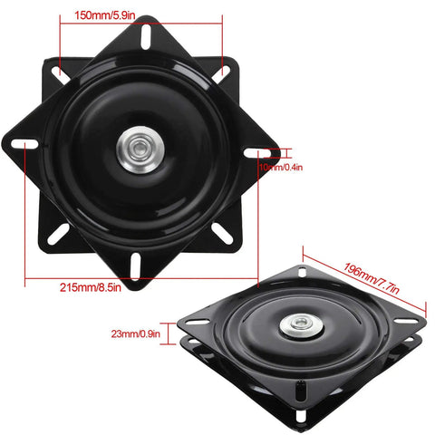 Kickass Heavy Duty 8 Inch Bar Stool Swivel Plates Replacement Built Like A Tank For Smooth 360 Rotation And 500 Lb Capacity On Kitchen Counters Zero Rust Or Wobble Ever, showing black coated steel mounts with dimensions.