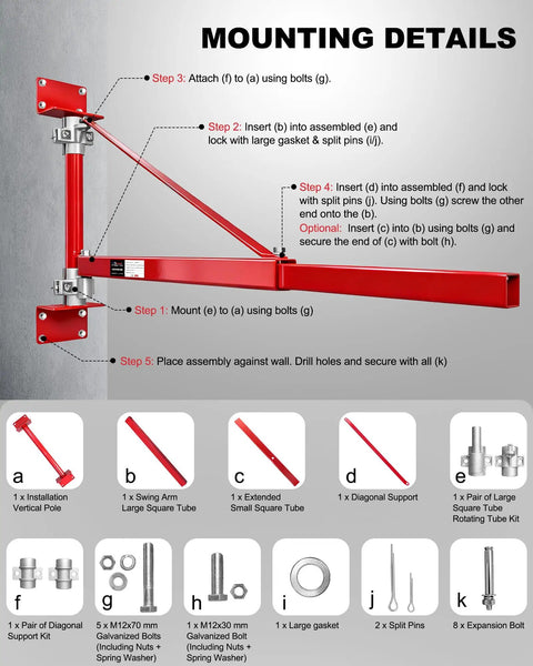 Usyato Wall Mount Jib Crane, 660 Lbs Electric Scaffolding Lift Hoist Support Arm installation guide diagram with labeled parts.