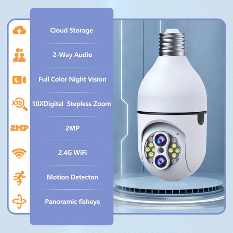 Wireless Light Bulb Security Camera 2MP HD 360 Degree Outdoor View, screwing bulb with motion detection and night vision features