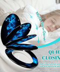 Novelty Elongated Resin Toilet Seat for Bathroom, black and blue design, soft close feature, elongated size on toilet.