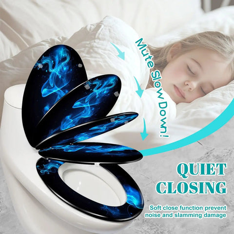 Novelty Elongated Resin Toilet Seat for Bathroom, black and blue design, soft close feature, elongated size on toilet.