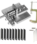 Manual Leather Strap Cutter For 60mm Width with G-clamp, 10 sharp blades, 2 wrenches visible, metal build, for belts and straps.
