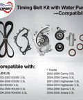 Beefed Up Timing Belt Kit With Water Pump for 3.0L 1MZFE and 3.3L 3MZFE V6 engines, showing components and compatibility list.