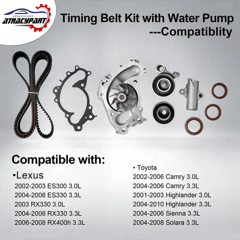 Beefed Up Timing Belt Kit With Water Pump for 3.0L 1MZFE and 3.3L 3MZFE V6 engines, showing components and compatibility list.